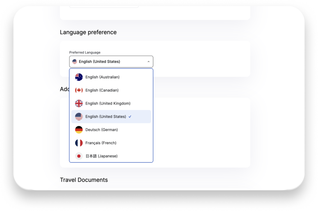 Spotnana's user interface for selecting languages.