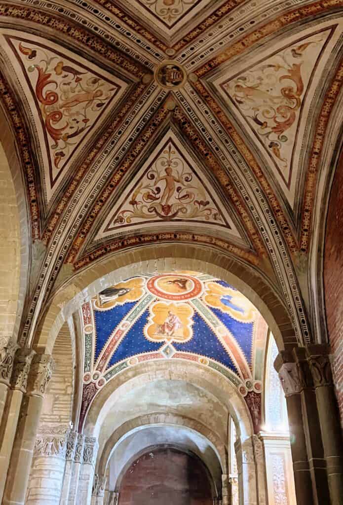 Pavia San Michele Romanesque Church Aisle With Blue Frescoes Arched Ceiling