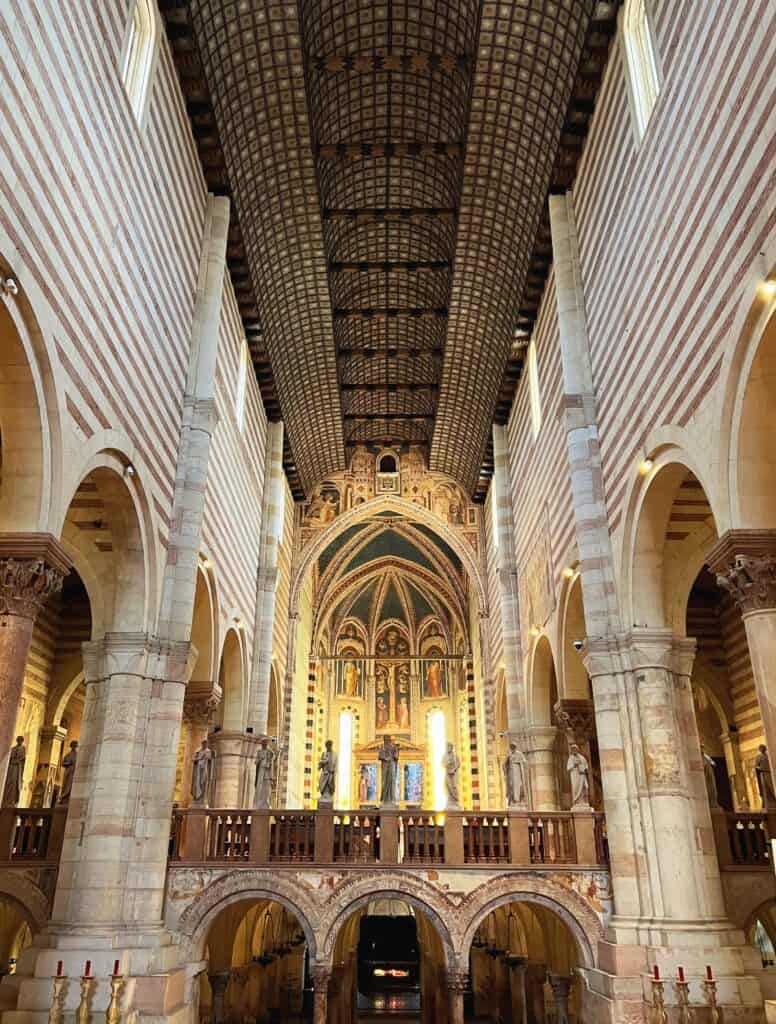 Verona San Zeno Early Medieval Church Interior Nave Striped Walls Arches Columns Wooden Ceiling Romanesque Architecture