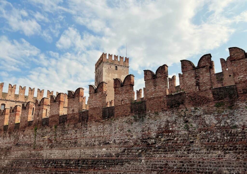 Verona Castelvecchio Brick Wall With Crenellations And Tower Medieval Architecture