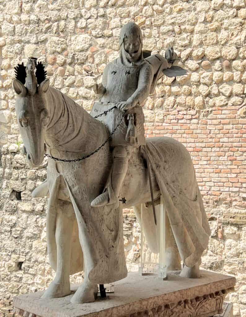 Verona Castelvecchio Cangrande Scalinger Statue Medieval Knight On Horseback Opposite Brick Stone Wall