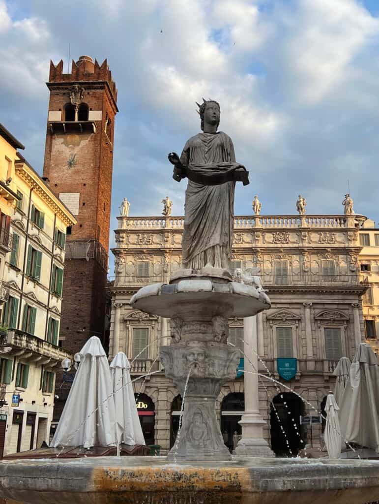 Piazza Delle Erbe Fountain Madonna Verona Statue And Medieval Tower