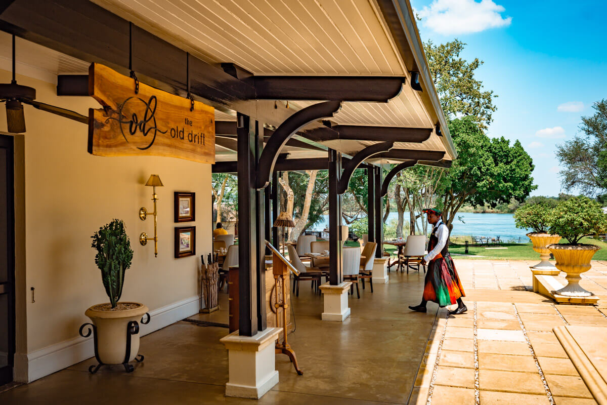te entrance of the main restaurant at the Royal Livingstone Hotel in Zambia