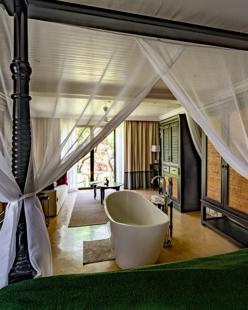 a freestanding bathtub in a suite at the Royal Livingstone Hotel in Zambia