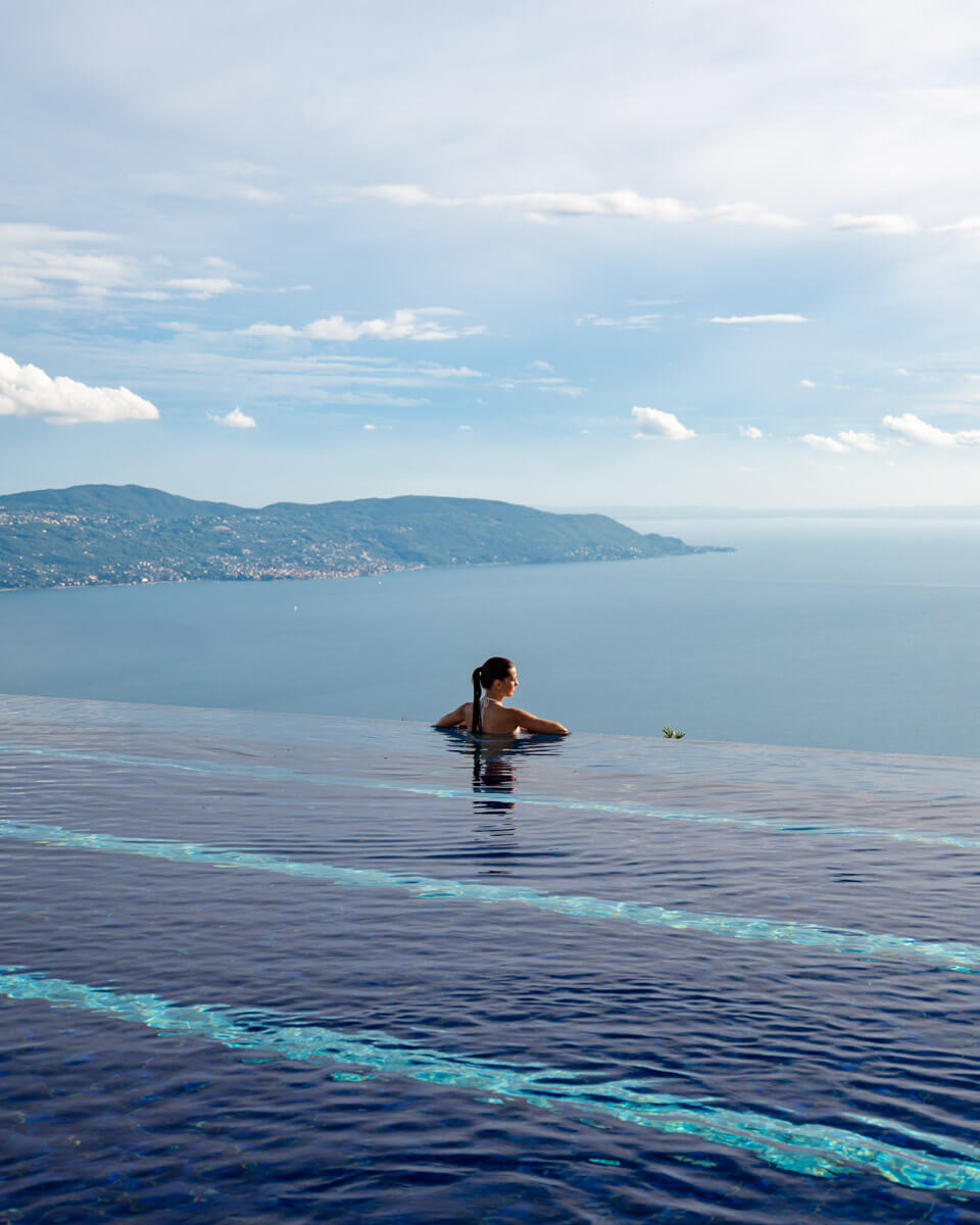 overlooking the Garda lake from the infinity pool of the Lefay Resort & Spa Lago di Garda in Italy