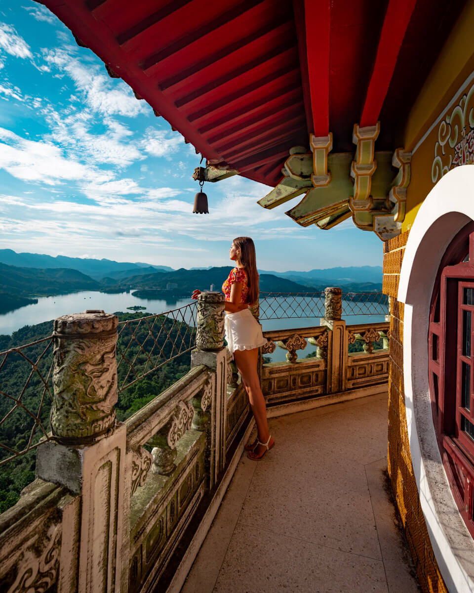 Standing on top of the Cien Pagoda in Taiwan, overlooking the Sun Moon Lake