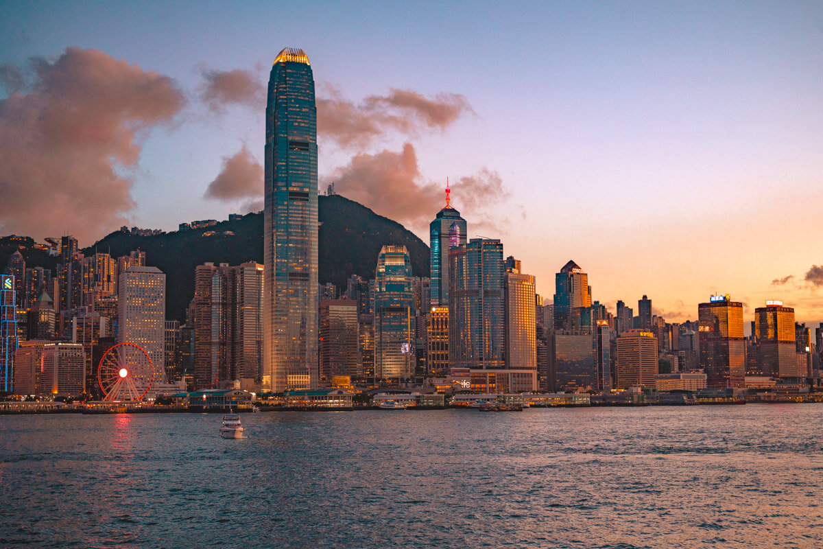 sunset at Victoria harbour, viewing the skyline of Hong Kong