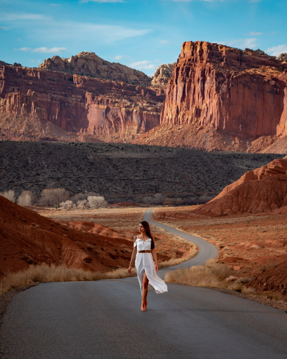walking on a street leading through the Capitol Reef National Park in Utah
