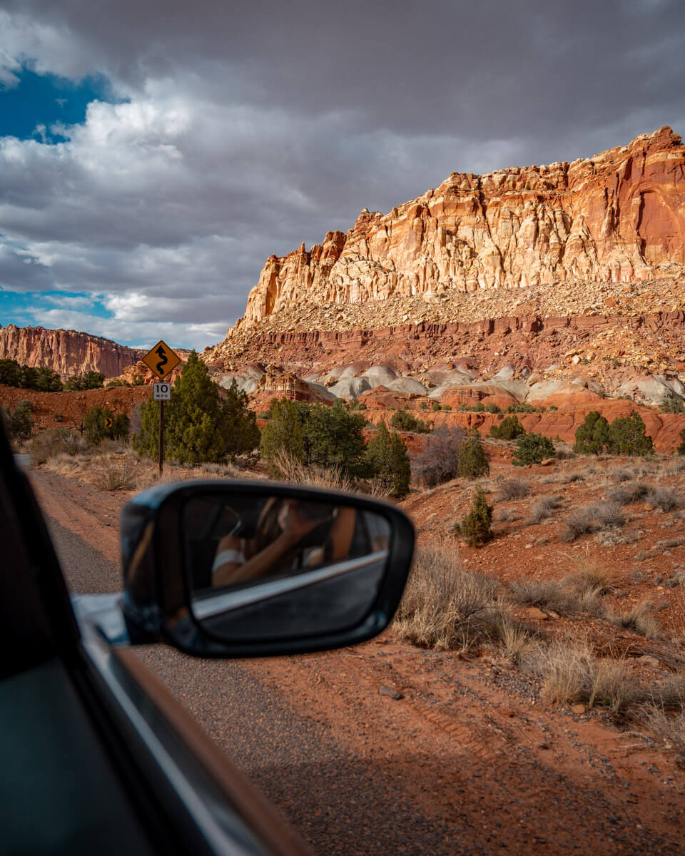 view out of the car at the capitol reef national park in Utah